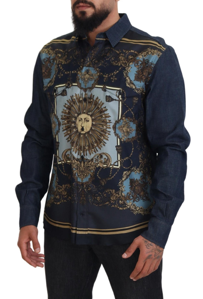 Blue Cotton Printed Long Sleeve Denim Shirt