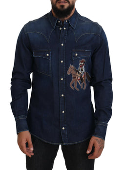 Blue Cotton Men Long Sleeves Denim Shirt