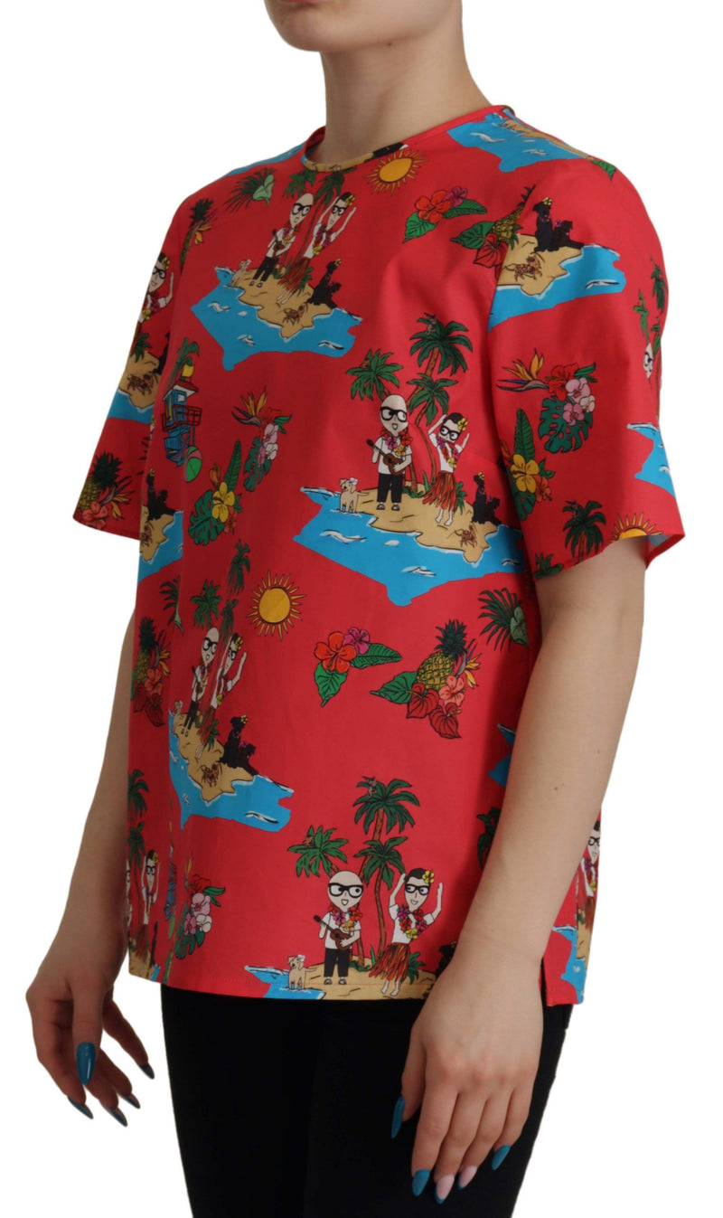 Red #dgfamily Print Cotton T-shirt Blouse