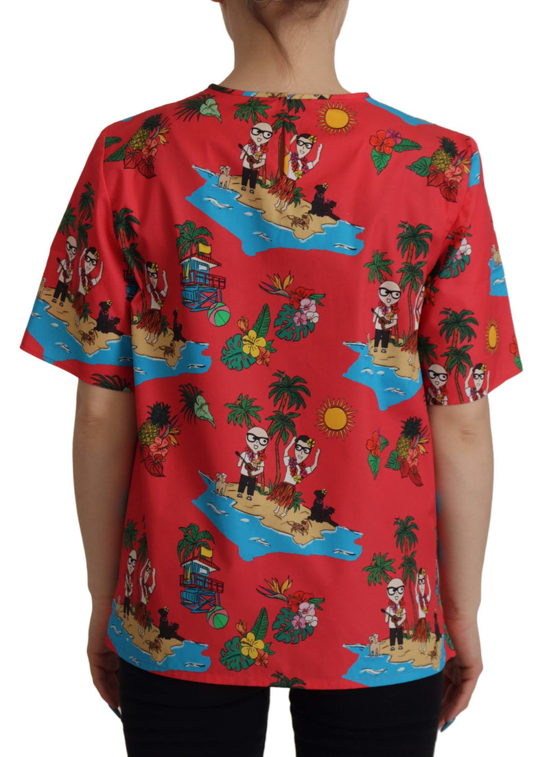 Red #dgfamily Print Cotton T-shirt Blouse