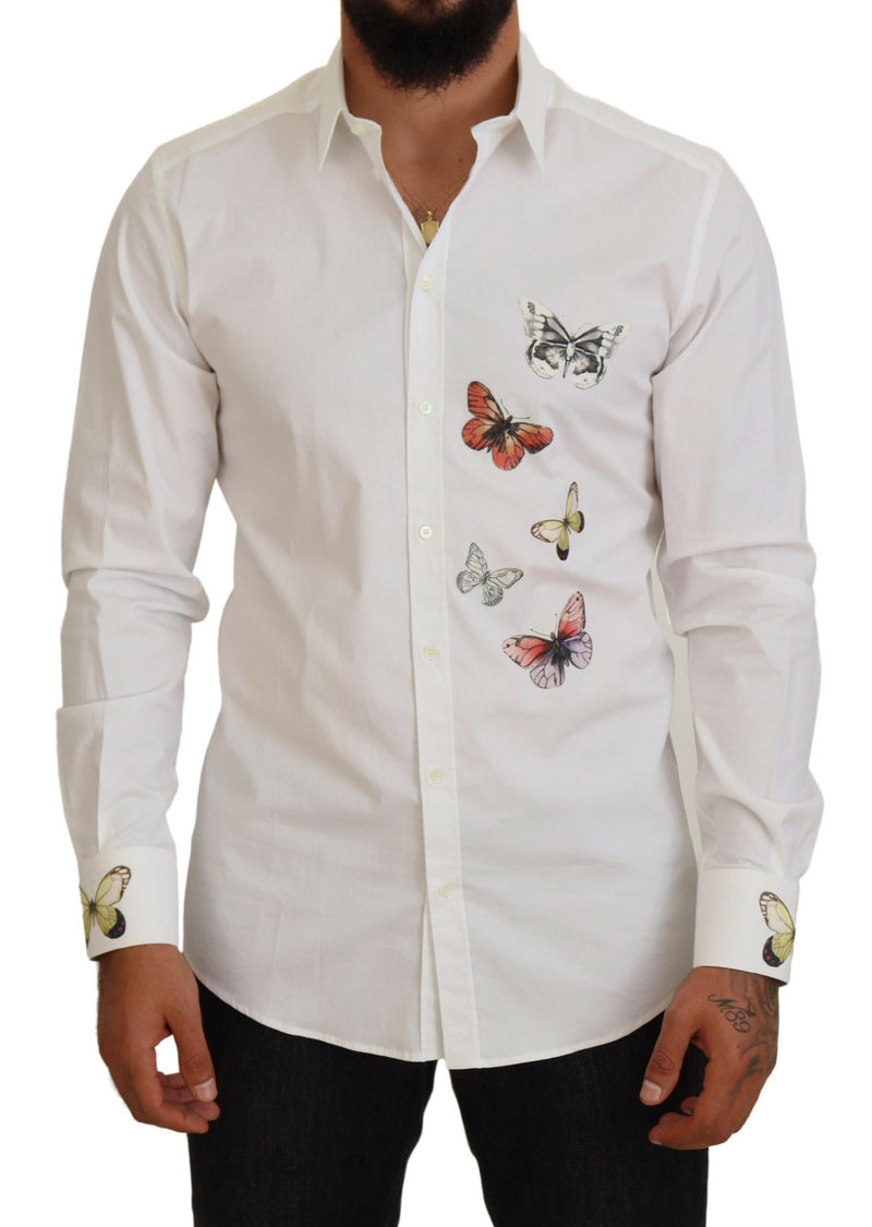 White Cotton Butterfly Print Formal GOLD Shirt