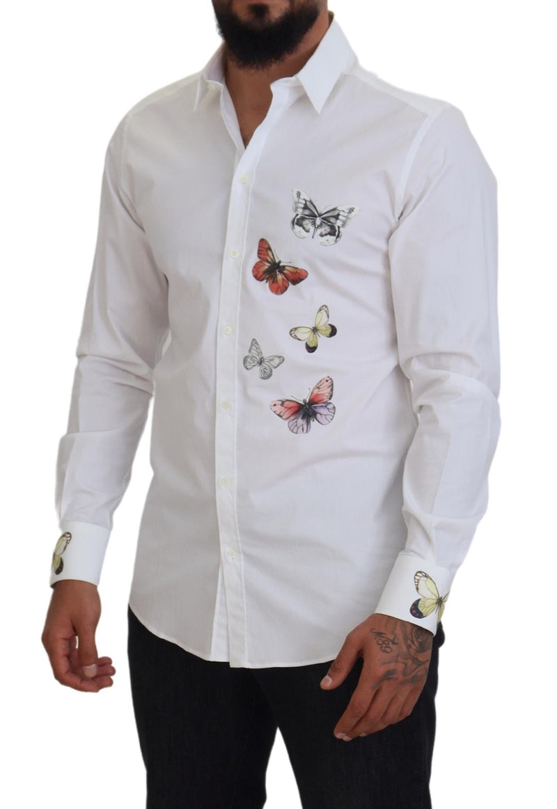 White Cotton Butterfly Print Formal GOLD Shirt