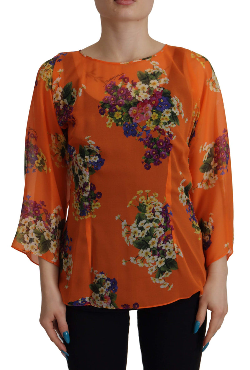 Orange Floral Print Long Sleeve Blouse