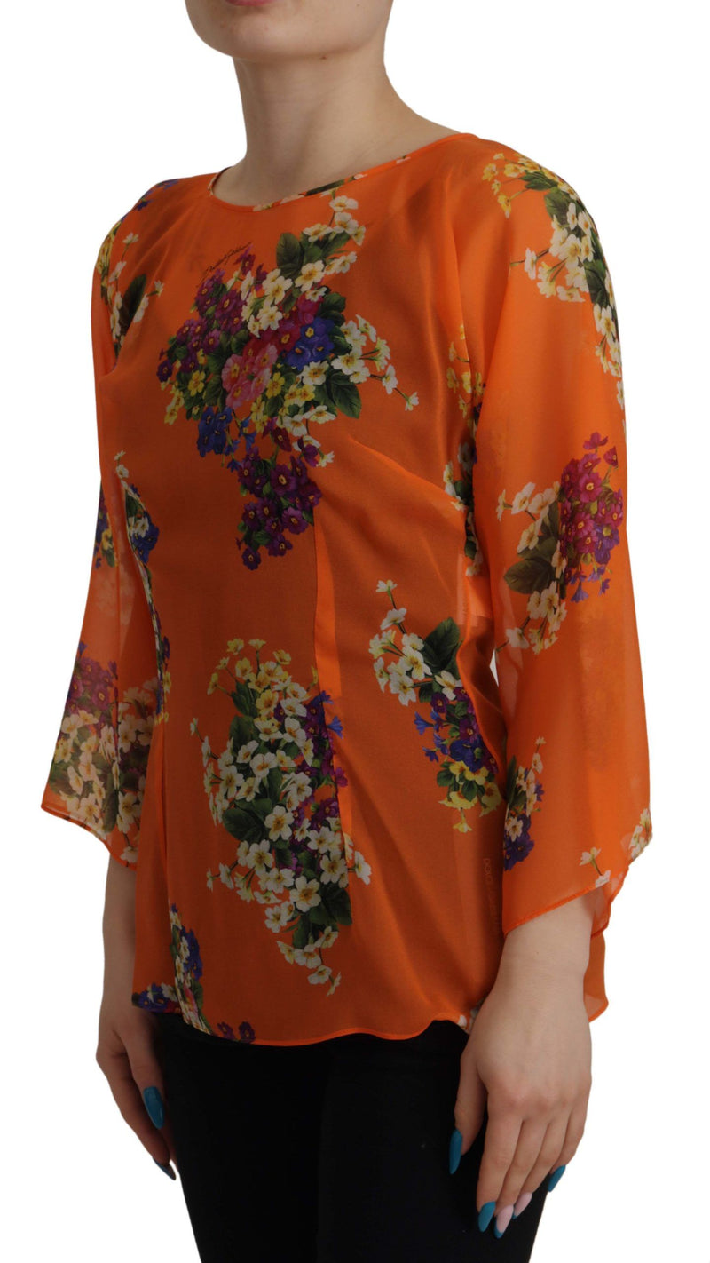 Orange Floral Print Long Sleeve Blouse