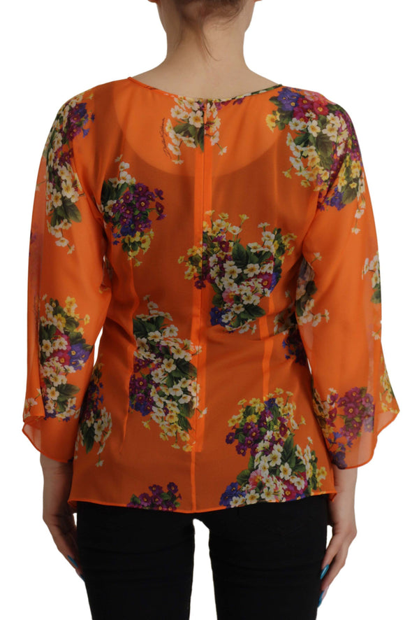 Orange Floral Print Long Sleeve Blouse