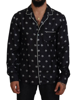 Black Printed Collared Men Long Sleeve Pajama Top