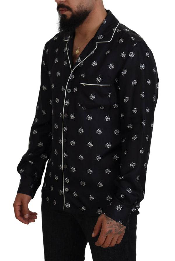 Black Printed Collared Men Long Sleeve Pajama Top