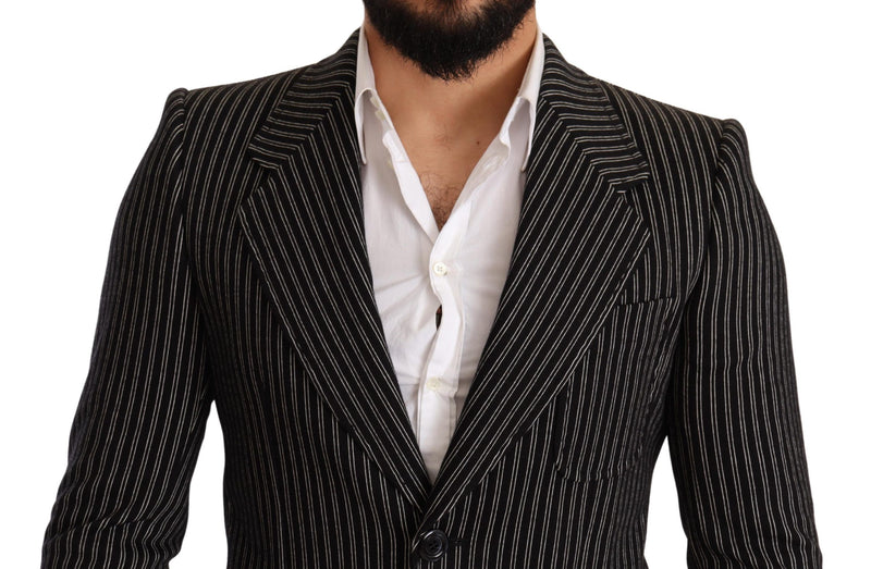 Black Striped Slim Fit Wool Coat Blazer