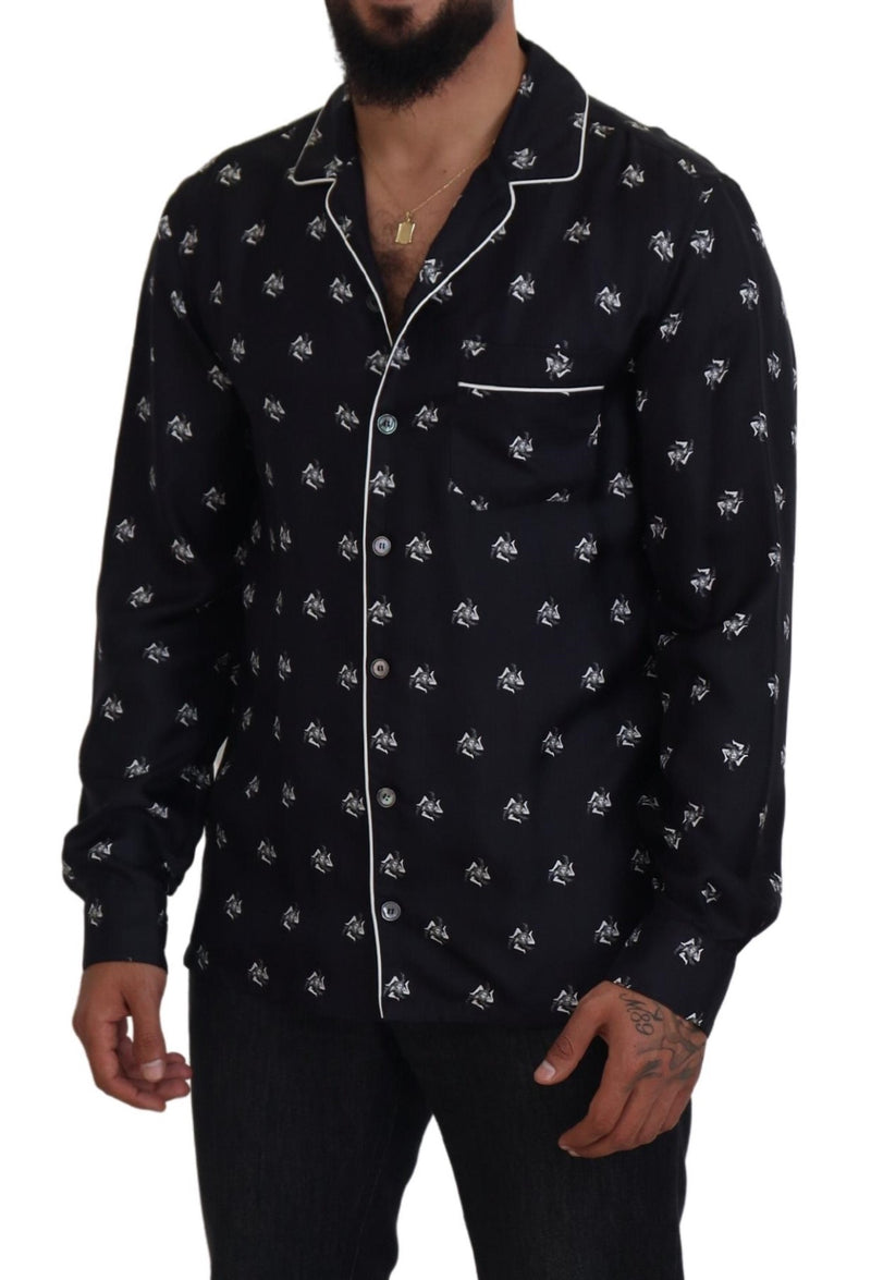 Black Printed Collared Men Long Sleeve Pajama Top