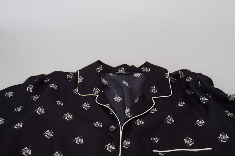 Black Printed Collared Men Long Sleeve Pajama Top