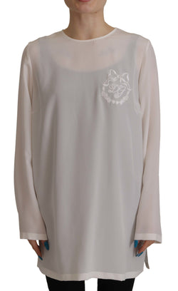 White Silk DG Logo Embroidered Long Sleeves Blouse