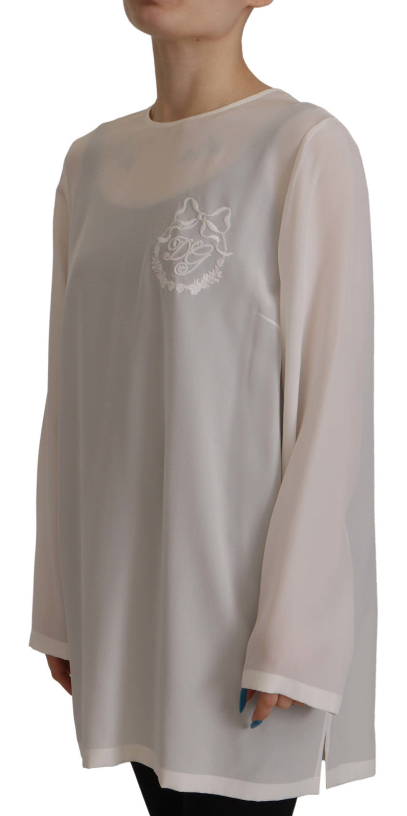 White Silk DG Logo Embroidered Long Sleeves Blouse