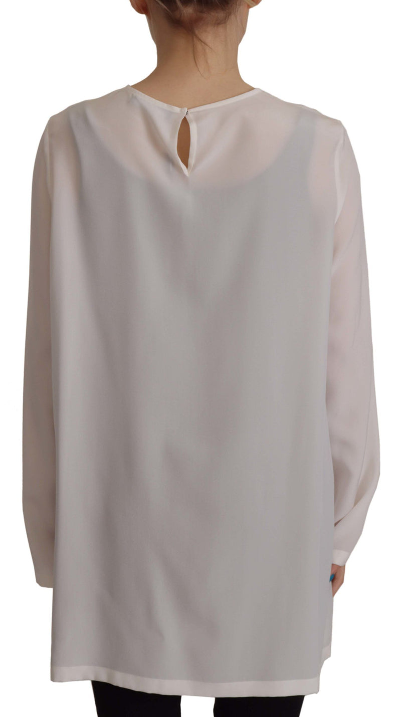 White Silk DG Logo Embroidered Long Sleeves Blouse