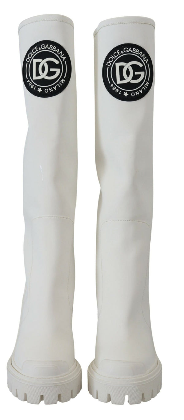 White Rubberized Leather Tall Boots Shoes