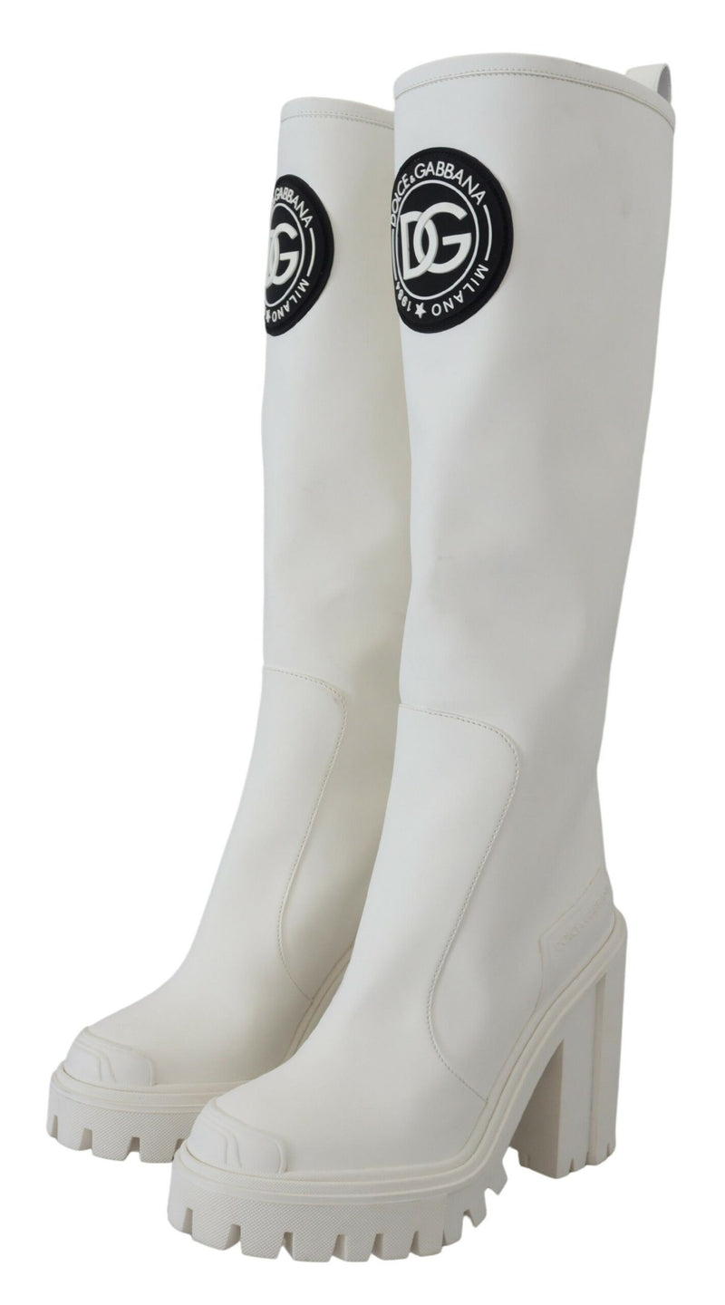 White Rubberized Leather Tall Boots Shoes