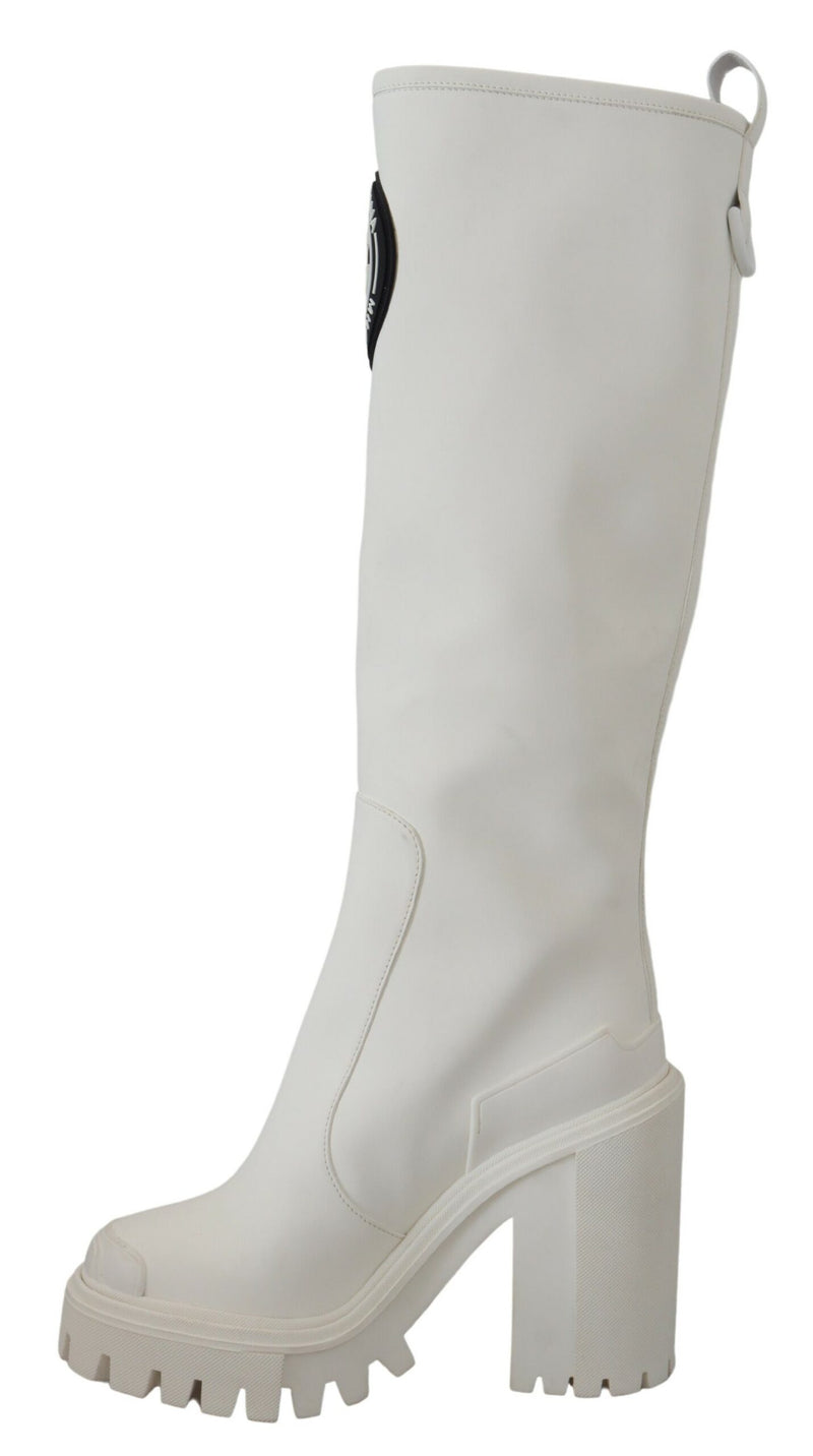 White Rubberized Leather Tall Boots Shoes