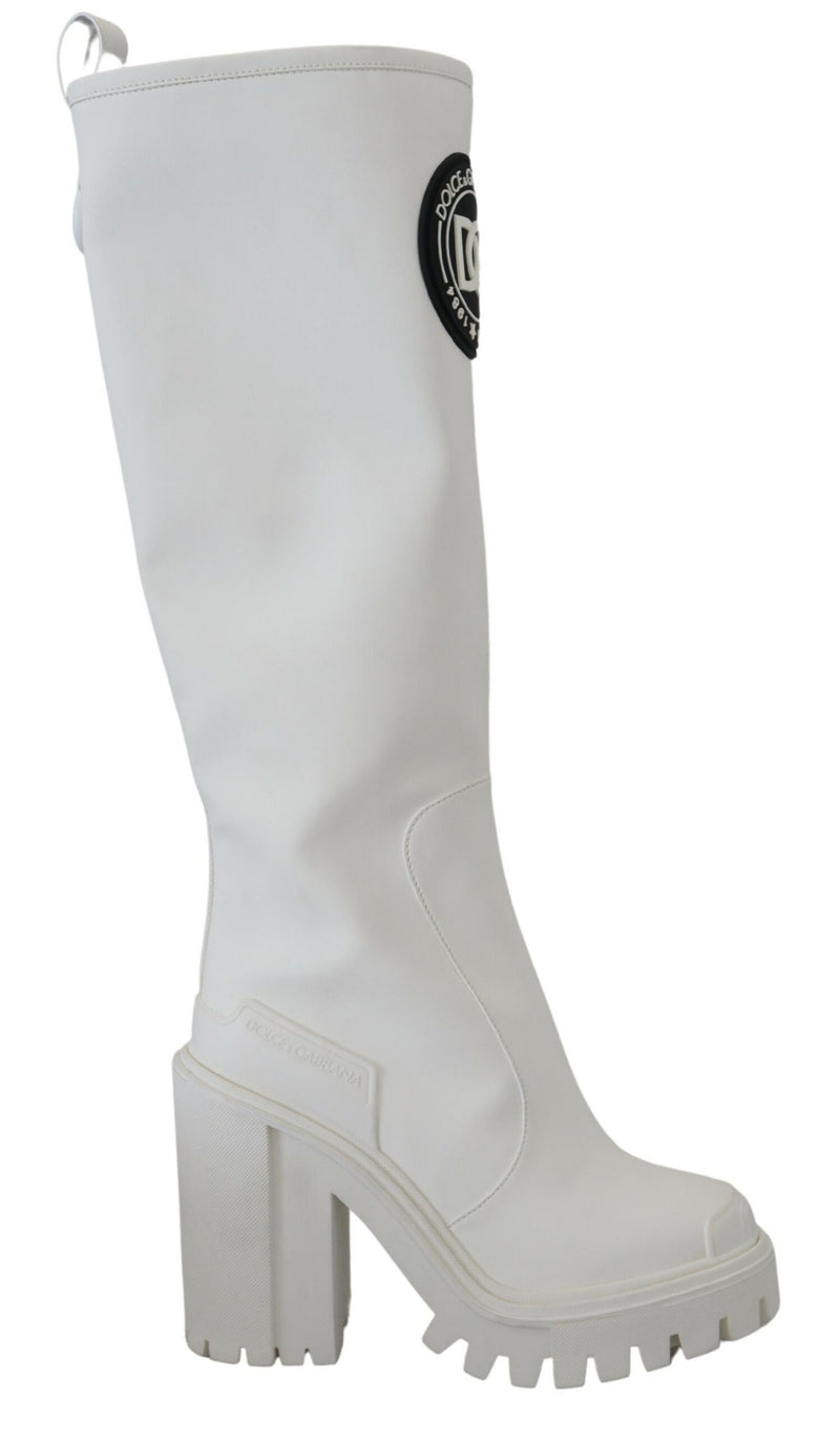 White Rubberized Leather Tall Boots Shoes