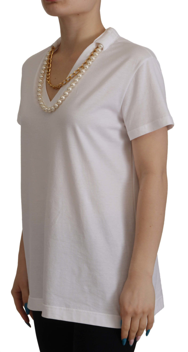 White Necklace Embellished Neckline T-shirt Top