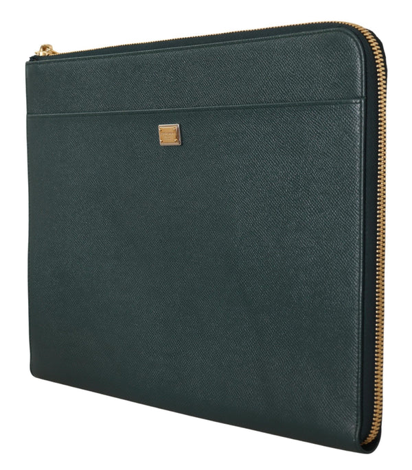 Green Leather Document Holder Zip Around Pouch Wallet