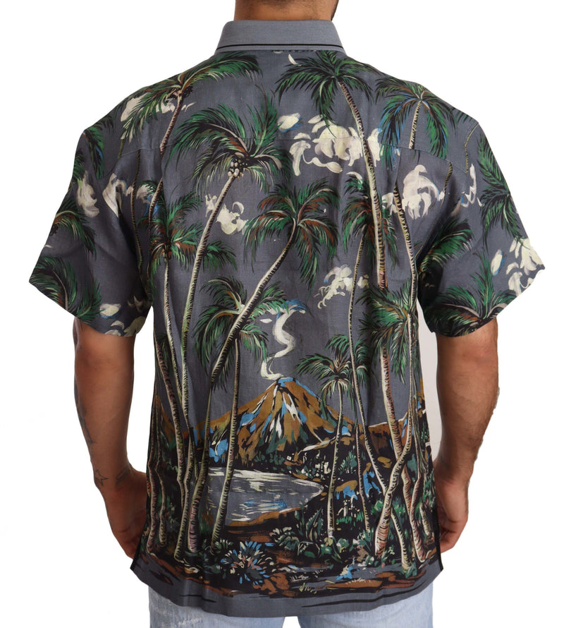 Gray Linen Tropical Print Collared Shirt