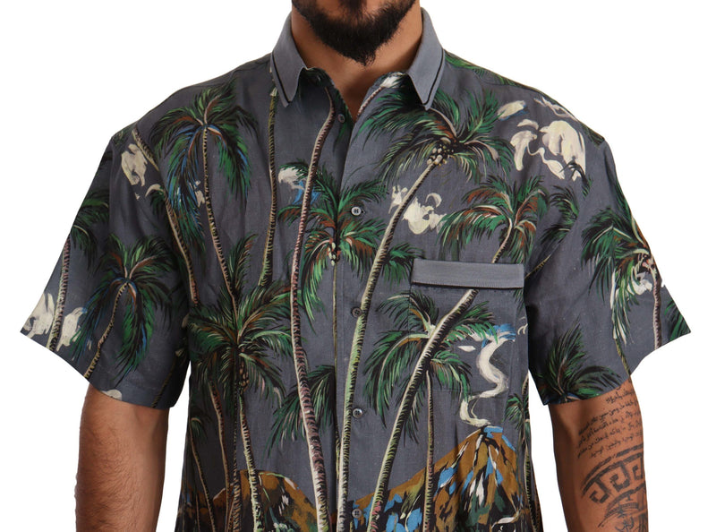 Gray Linen Tropical Print Collared Shirt