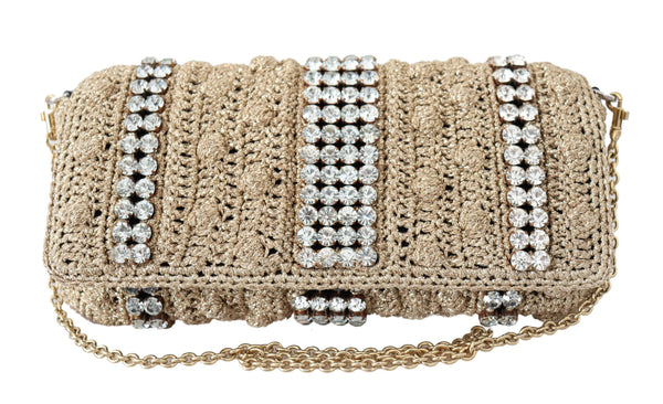 Beige Knitted Crystals Gold Chain Crossbody Bag