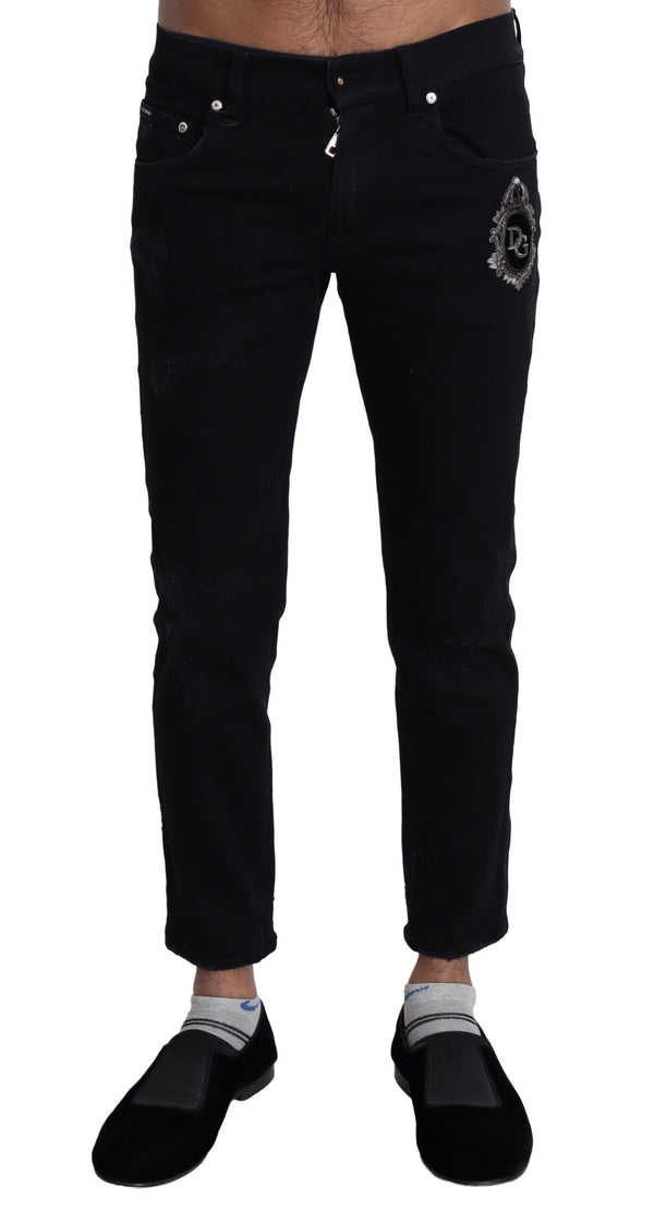 Black Heraldic Embroidery Skinny Denim Jeans