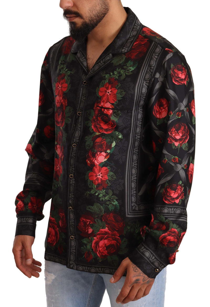 Black Floral Print Silk Men Formal Shirt