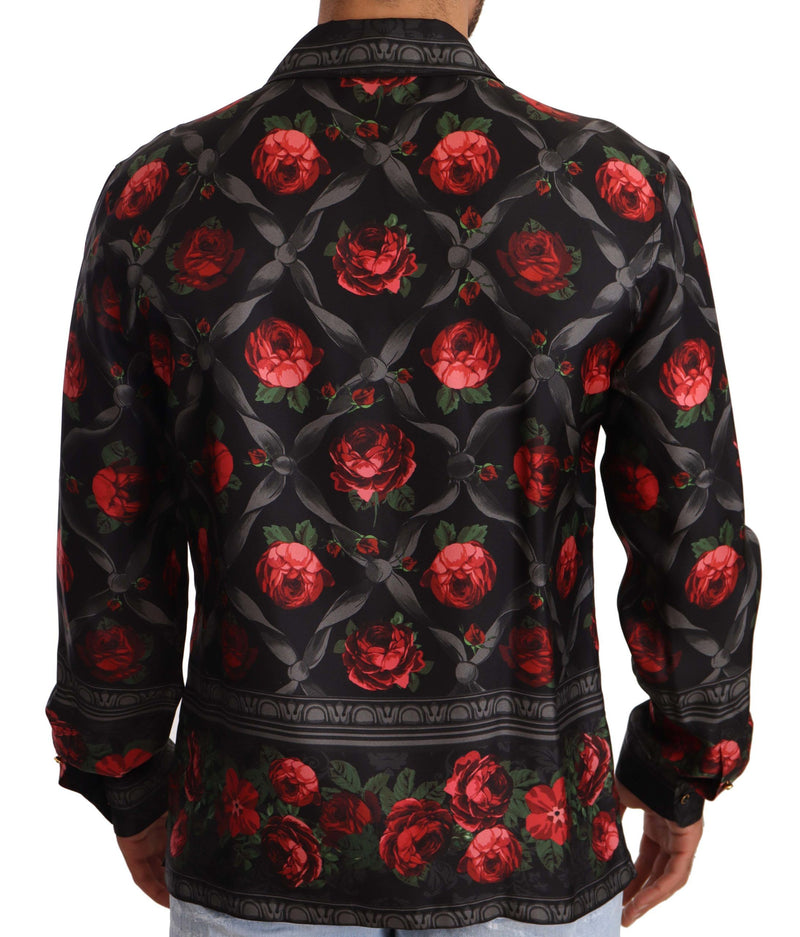 Black Floral Print Silk Men Formal Shirt