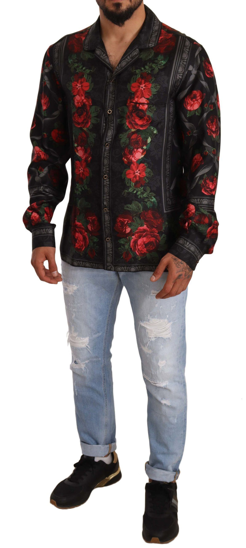 Black Floral Print Silk Men Formal Shirt