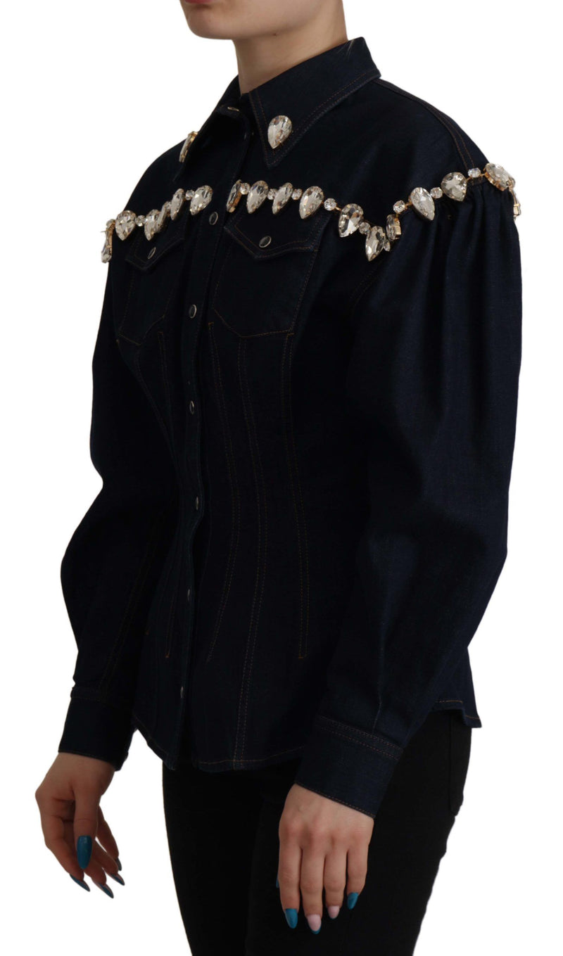 Blue Denim Crystal Embellish Cotton Jacket