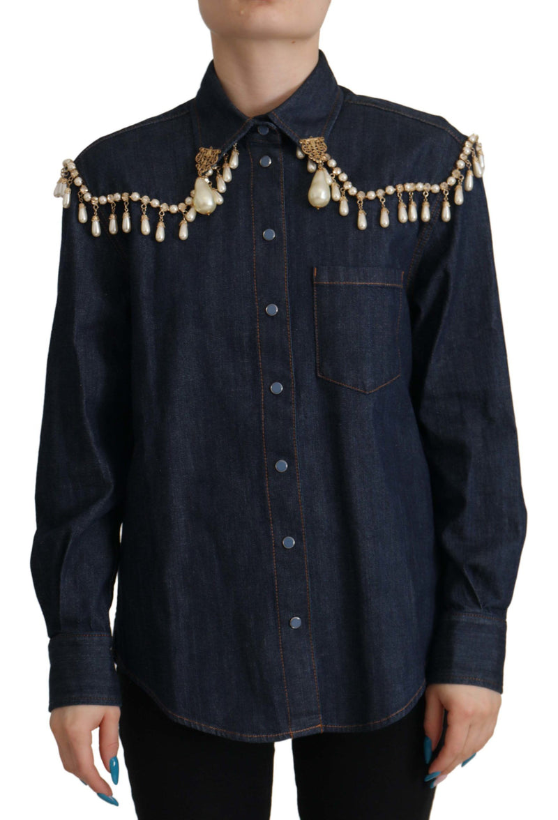 Blue Denim Pearl Embellished Long Sleeves Top