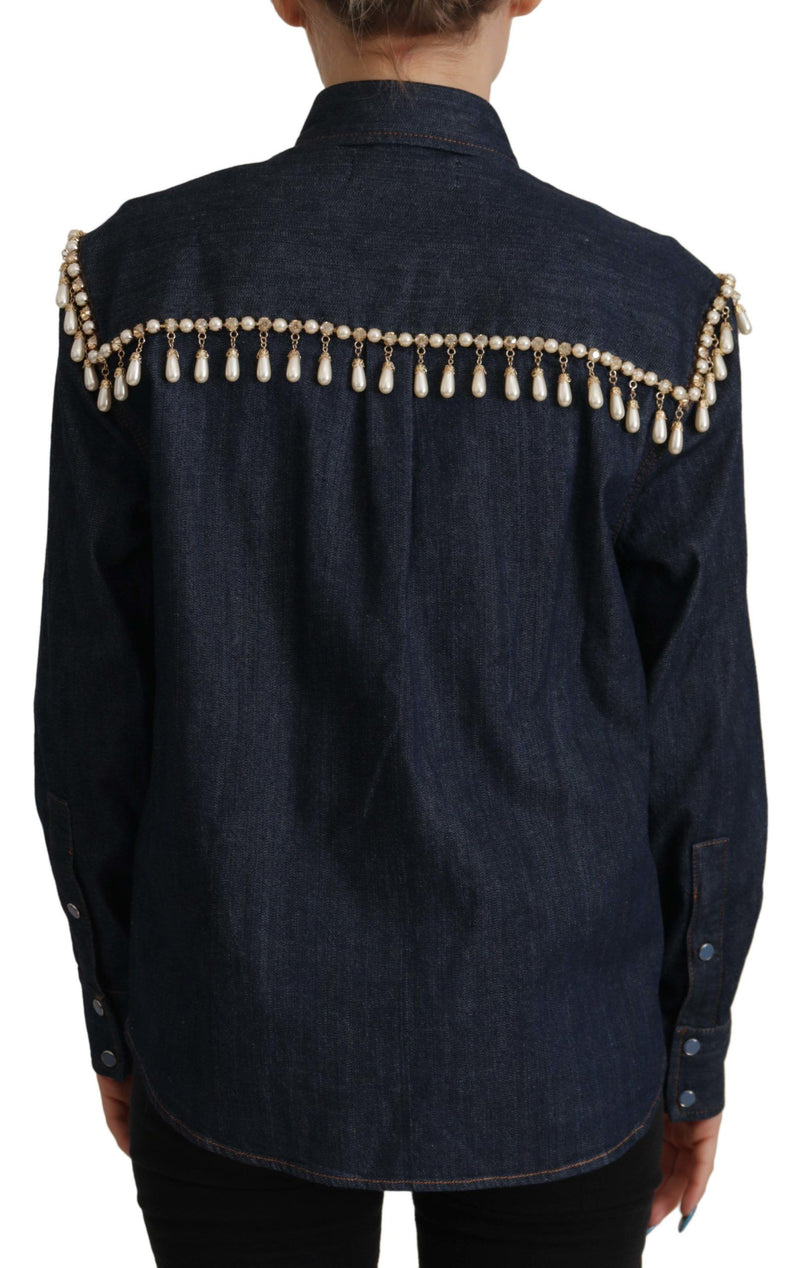 Blue Denim Pearl Embellished Long Sleeves Top