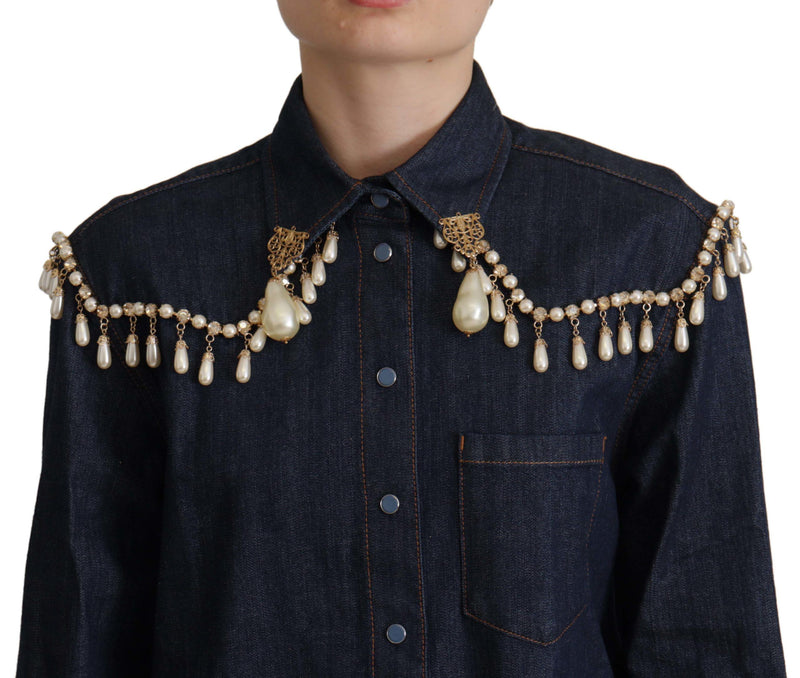 Blue Denim Pearl Embellished Long Sleeves Top