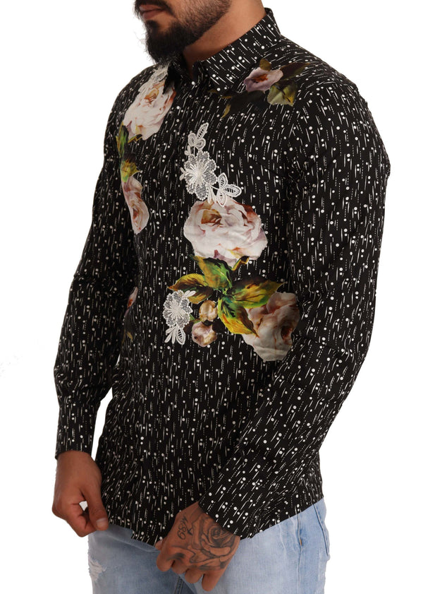 Black Floral Brocade Cotton Shirt