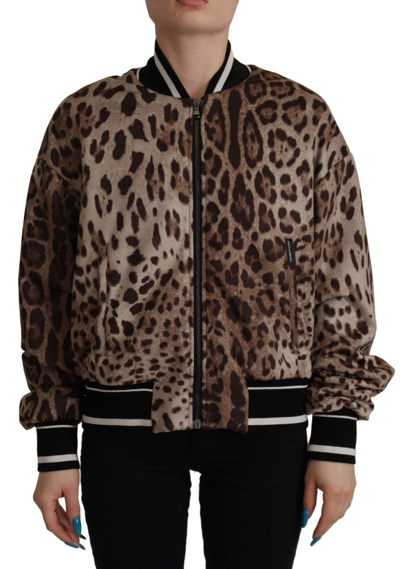 Brown Leopard Print Full Zip Nylon Jacket