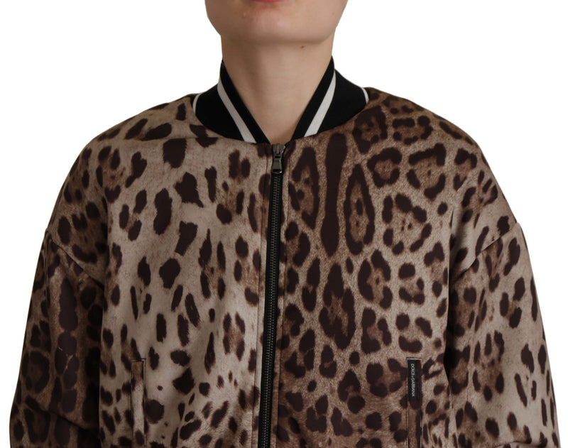 Brown Leopard Print Full Zip Nylon Jacket