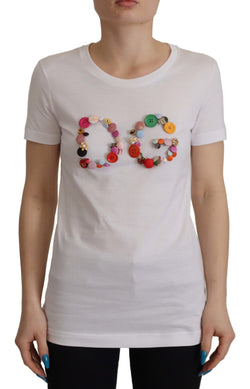 White Cotton Blouse DG Button Embellished T-shirt