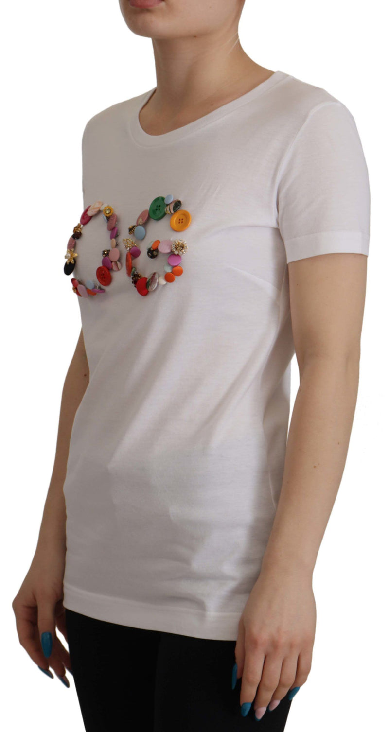 White Cotton Blouse DG Button Embellished T-shirt