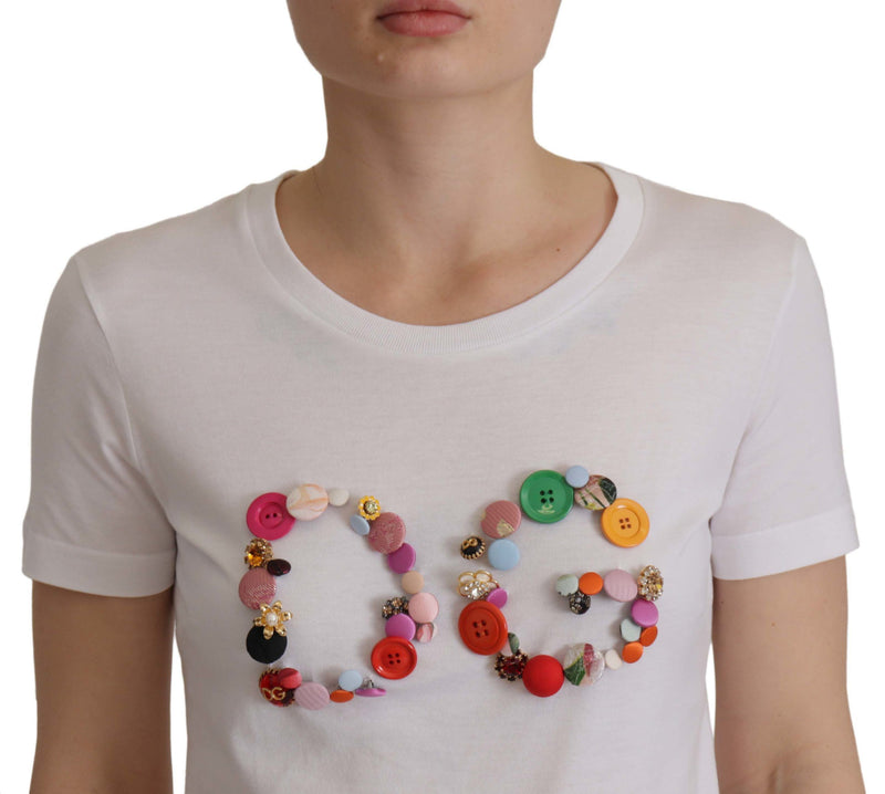 White Cotton Blouse DG Button Embellished T-shirt