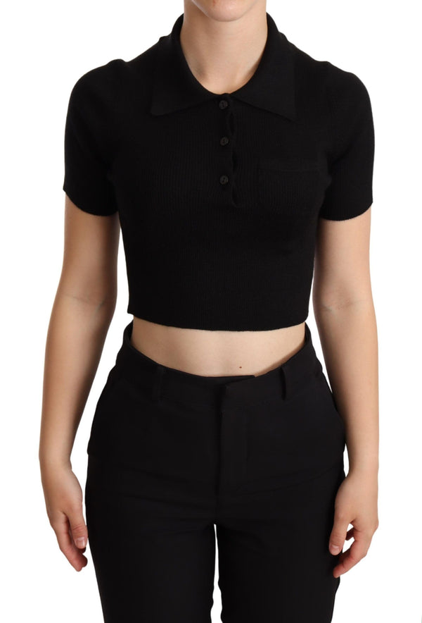 Black Cashmere Silk Collared Cropped Top