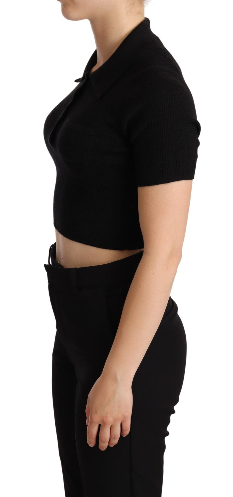 Black Cashmere Silk Collared Cropped Top