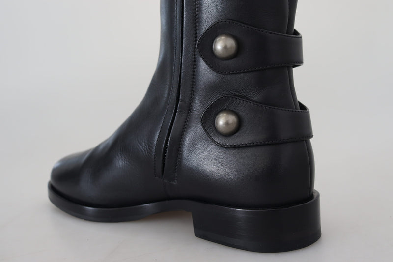 Black Calfskin Biker Women Boots Shoes