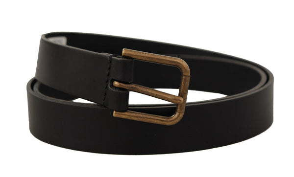 Black Calf Leather Brass Logo Engraved Buckle Belt