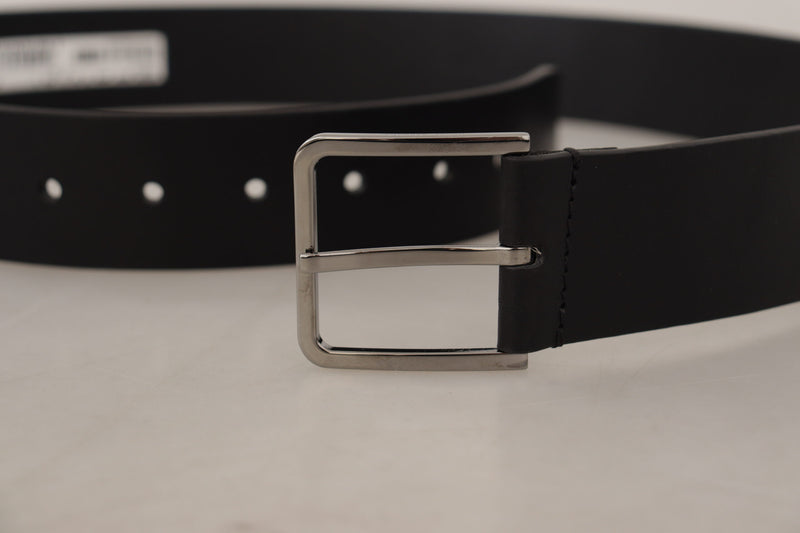 Black Calf Leather Silver Metal Buckle Belt