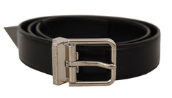 Black Calf Leather Silver Tone Metal Buckle Belt