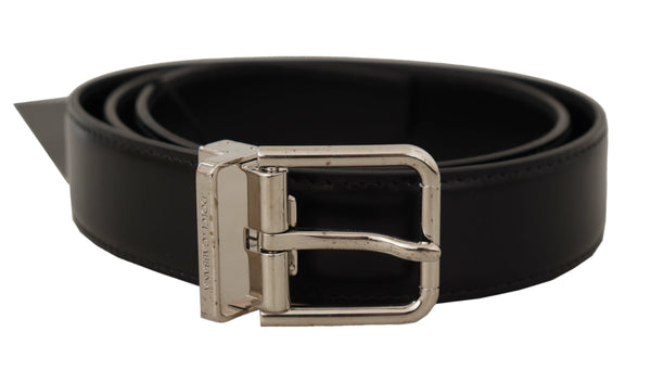 Black Calf Leather Silver Tone Metal Buckle Belt