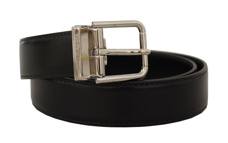 Black Calf Leather Silver Tone Metal Buckle Belt