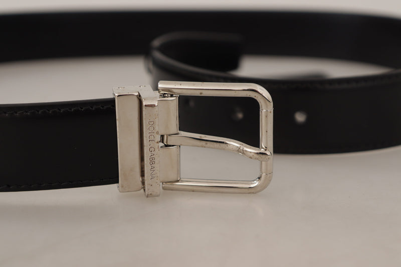 Black Calf Leather Silver Tone Metal Buckle Belt