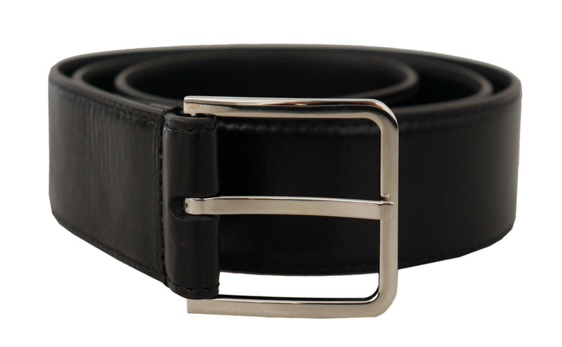 Black Calf Leather Logo Engraved Metal Buckle Belt